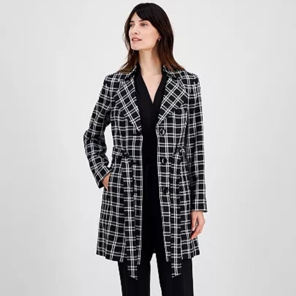 Suit Studio Jackets & Blazers - LE SUIT TRENCH-STYLE ELONGATED BELTED 90’S B&W PLAID JACKET SHOULDER PADS LINED